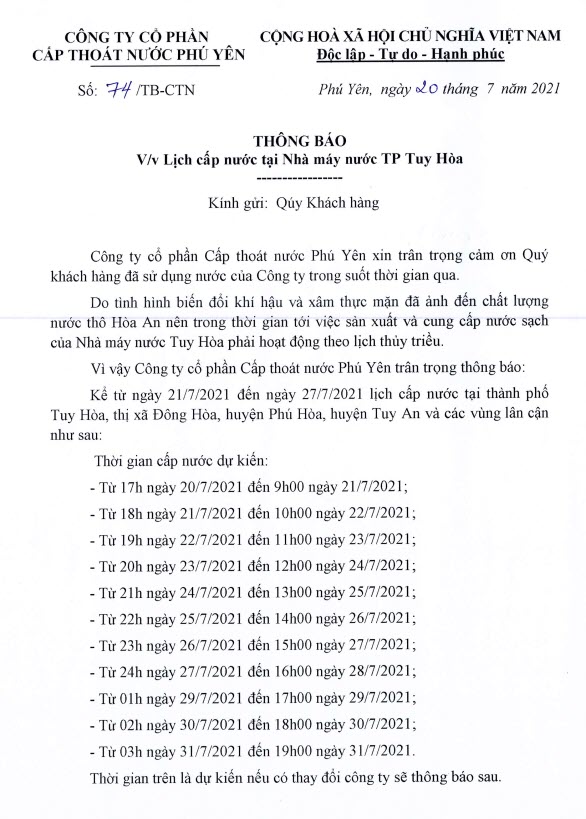 Thông báo lịch cấp nước tại Nhà máy nước TP Tuy Hòa